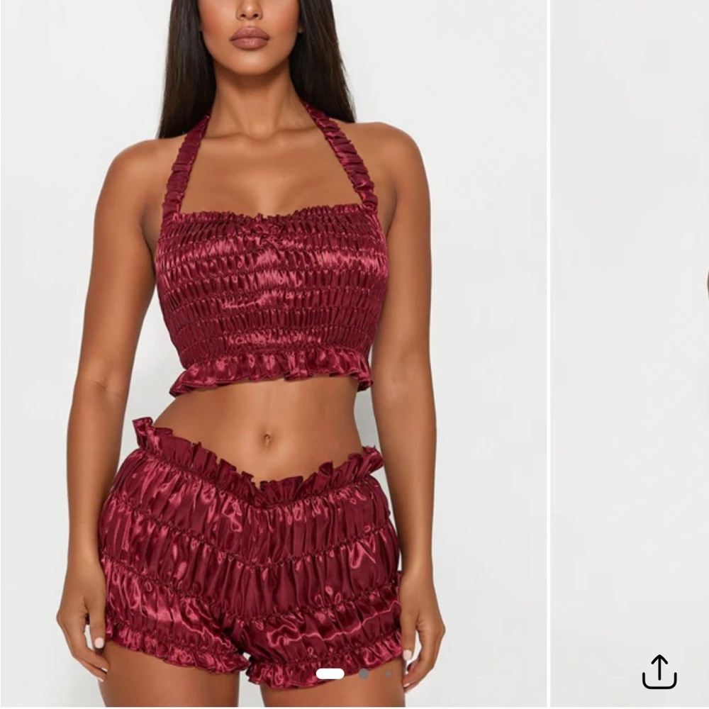 Fashion Nova Burgundy Satin Ruffle Halter Chemise Set